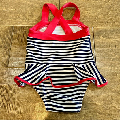 Cat & Jack Toddler Girl Stripe Ruffle Bow One Piece Swimsuit Red Blue 18 M EUC