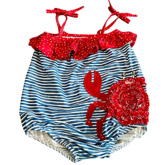 Mud Pie Toddler Girls Crab Ruffle Stripes Polka Dot One Piece Swimsuit 3T EUC