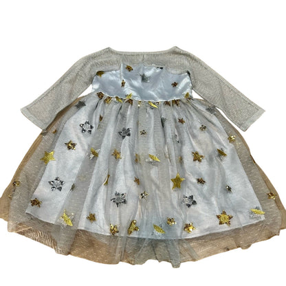 EleStory Girls Starlet Long Sleeve Dress Grey Silver Gold Size 4T EUC Stars