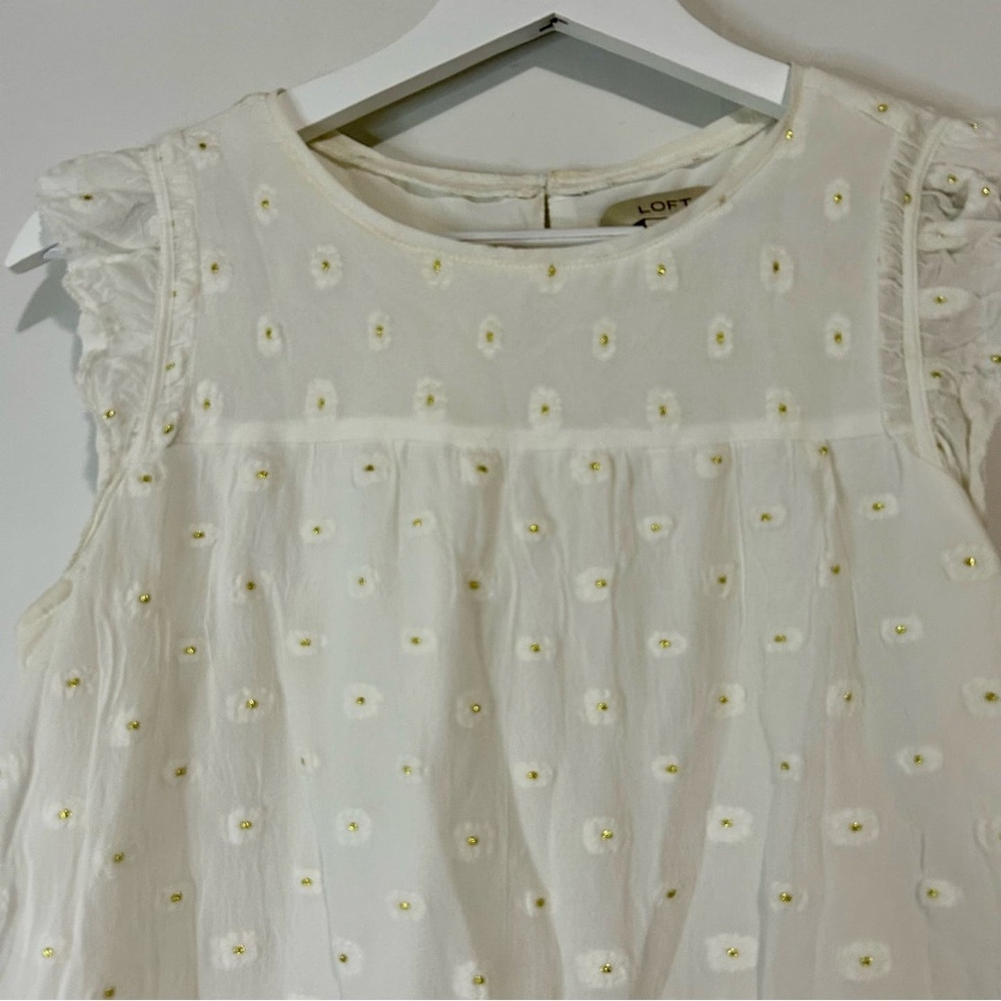 Loft Women’s Textured Layered Ruffle Sleeve Floral Blouse White Gold M P Girly