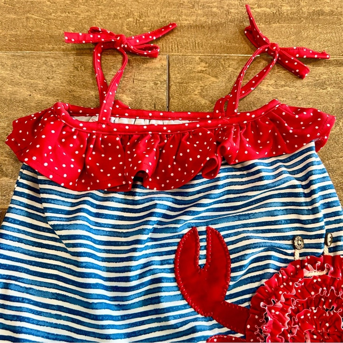 Mud Pie Toddler Girls Crab Ruffle Stripes Polka Dot One Piece Swimsuit 3T EUC