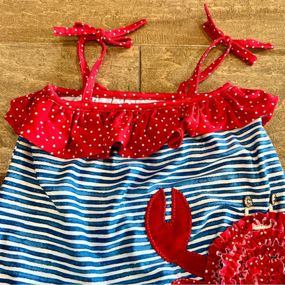 Mud Pie Toddler Girls Crab Ruffle Stripes Polka Dot One Piece Swimsuit 3T EUC