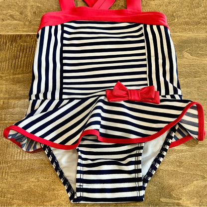 Cat & Jack Toddler Girl Stripe Ruffle Bow One Piece Swimsuit Red Blue 18 M EUC