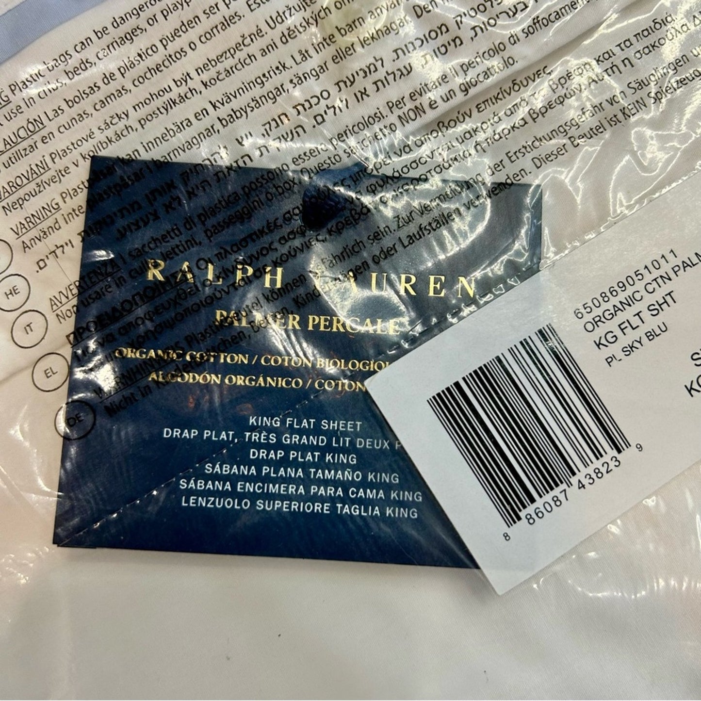 Ralph Lauren Home Organic Cotton Percale Palmer King Flat Sheet Sky Blue NEW