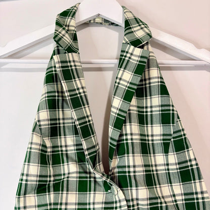Halara Women’s Sleeveless Halter Plaid Button Up Vest Top Green Cream Size Small NWT