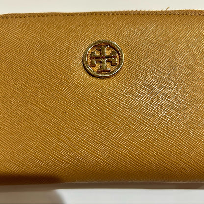 Tory Birch Robinson Zip Around Mini Wallet Saffiano Leather Tan EUC Luxury Logo