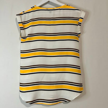 Express Women’s Striped Cap Sleeve Half-Zip Blouse Size XS Yellow/White/Brown/Black EUC