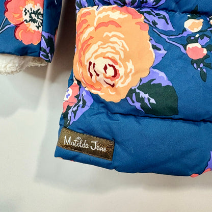 Matilda Jane Women’s Break the Ice Floral Faux Fur Puffer Jacket Teal Medium EUC