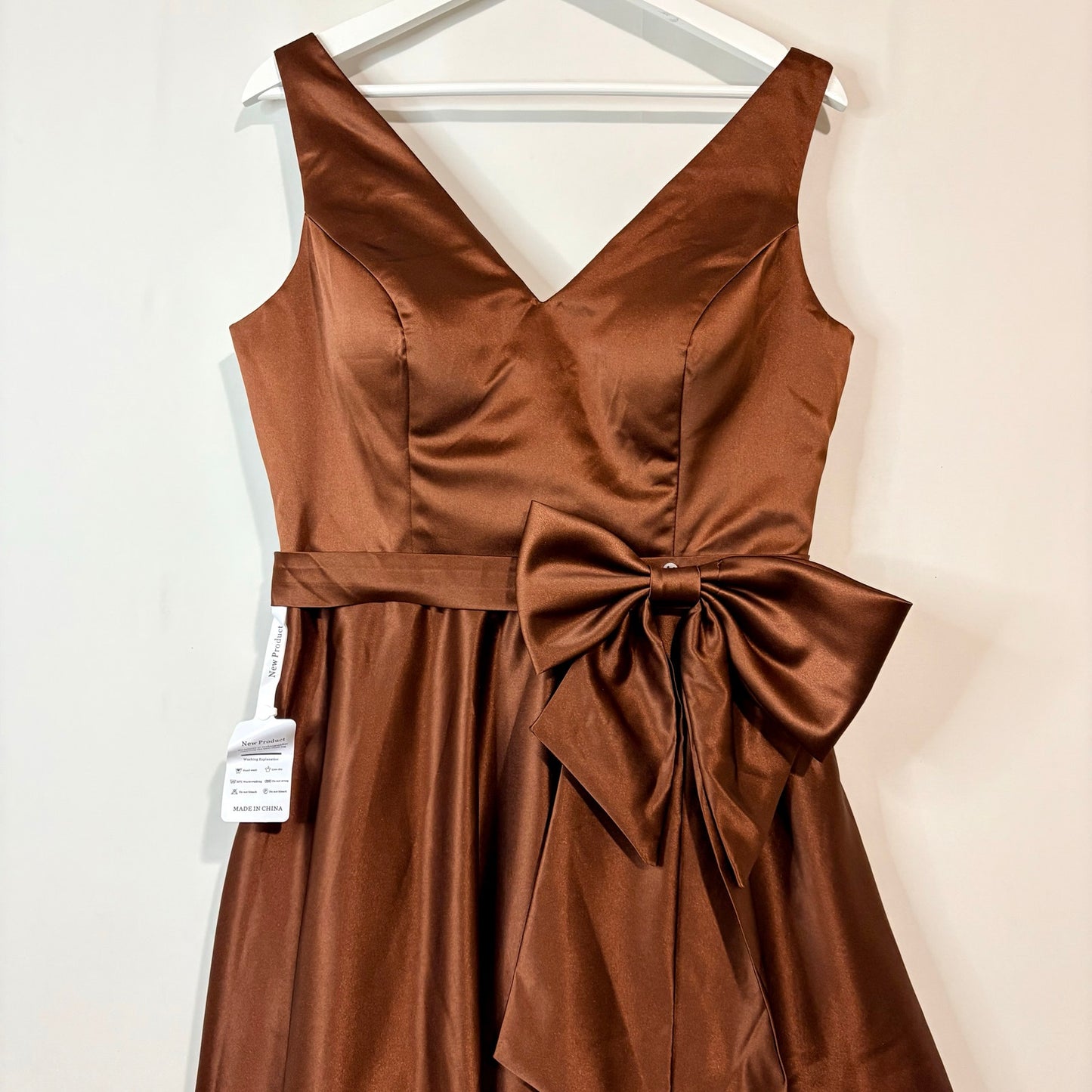 Miss Veil Satin Tea Length Dress Bow Detail Double V Neck Formal Brown Small NWT