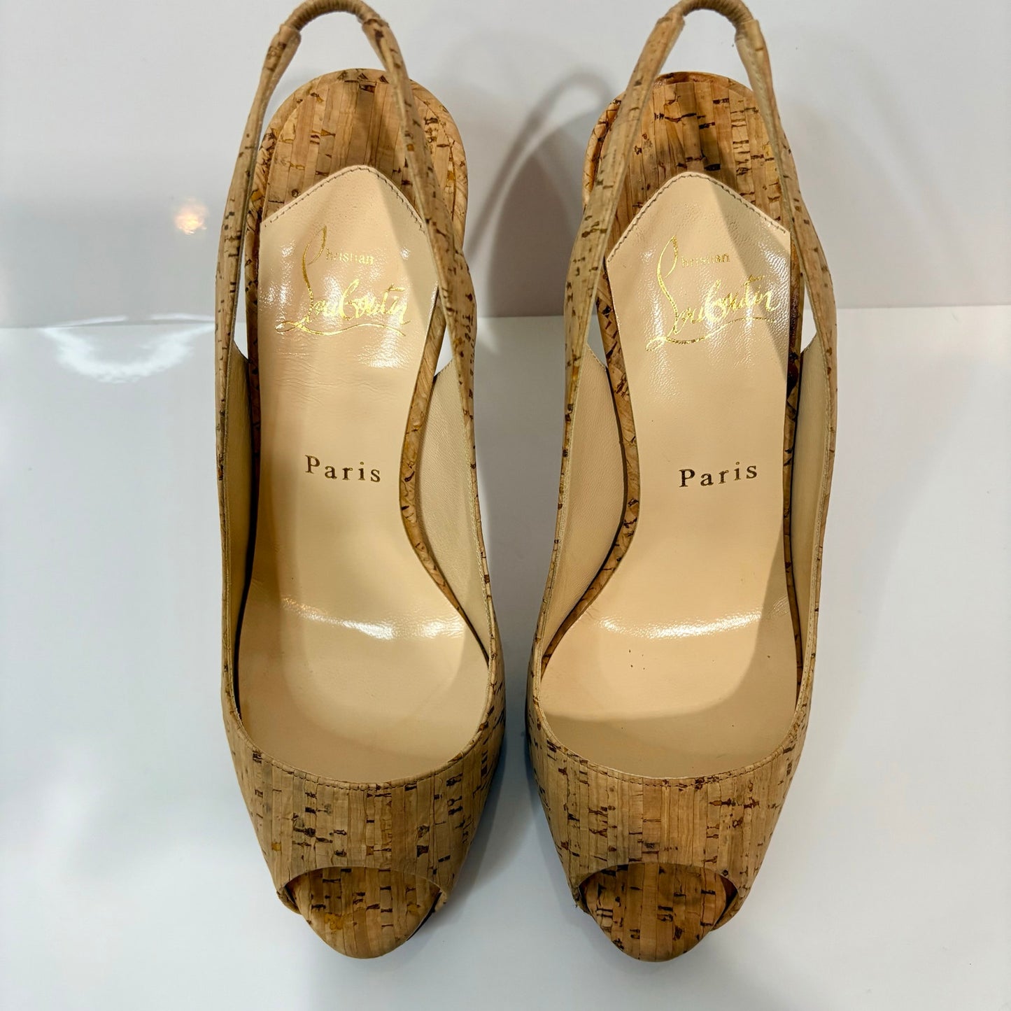 Christian Louboutin Cork Peep Toe Slingback Pumps Red Bottom Heels US 7 EUC Box