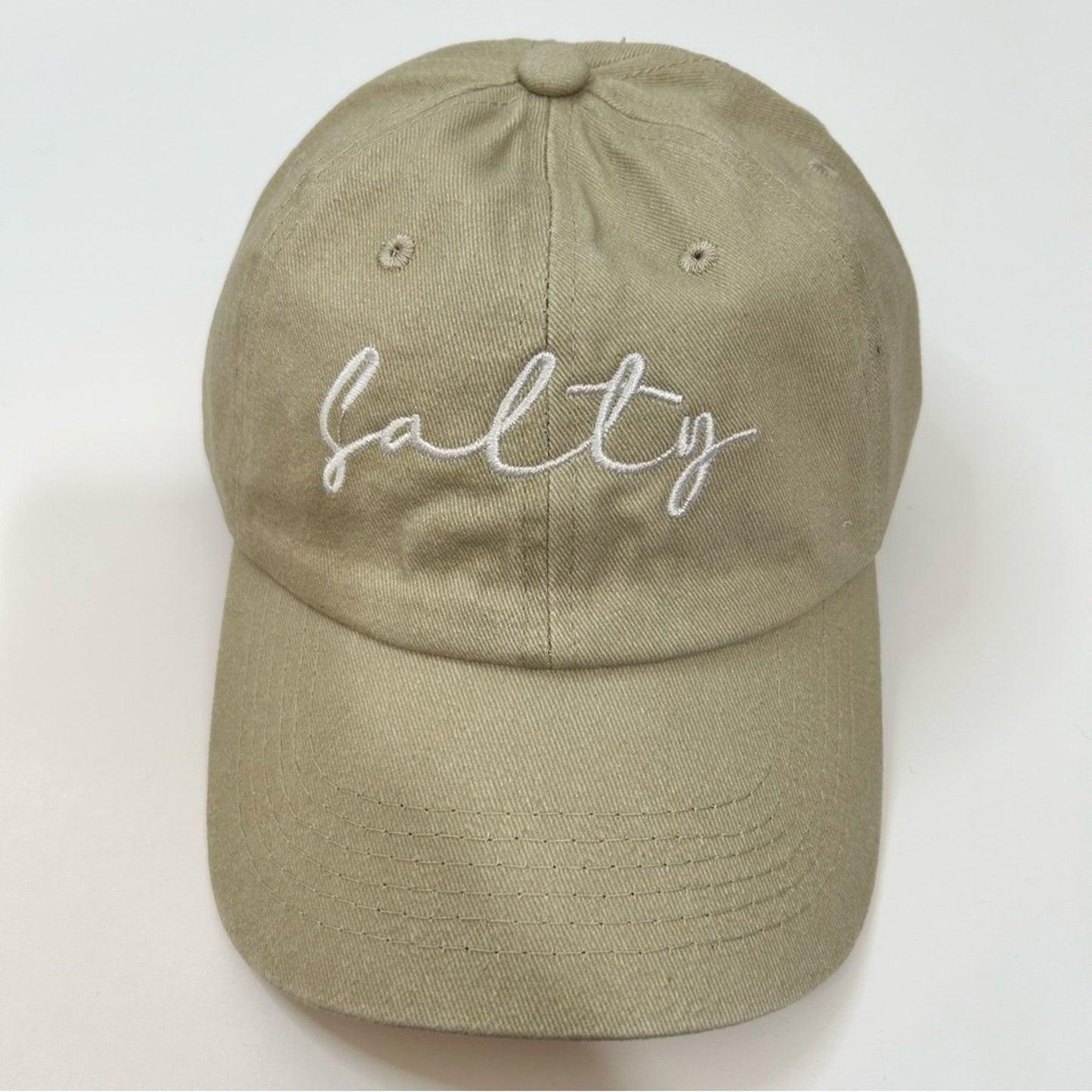 Salty Embroidered Vintage Washed Cotton Baseball Cap Hat Tan White NEW Cute