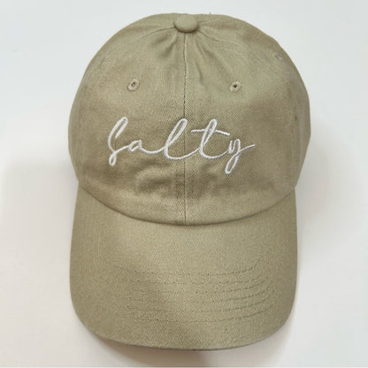 Salty Embroidered Vintage Washed Cotton Baseball Cap Hat Tan White NEW Cute