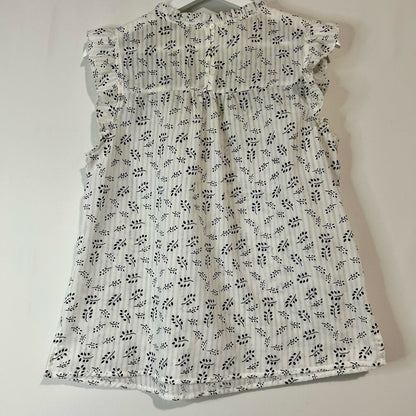 Skies Are Blue Women’s Flutter Sleeve Smocked Blouse White Navy Leaf Print Size Medium EUC