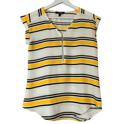 Express Women’s Striped Cap Sleeve Half-Zip Blouse Size XS Yellow/White/Brown/Black EUC