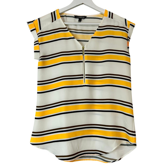 Express Women’s Striped Cap Sleeve Half-Zip Blouse Size XS Yellow/White/Brown/Black EUC