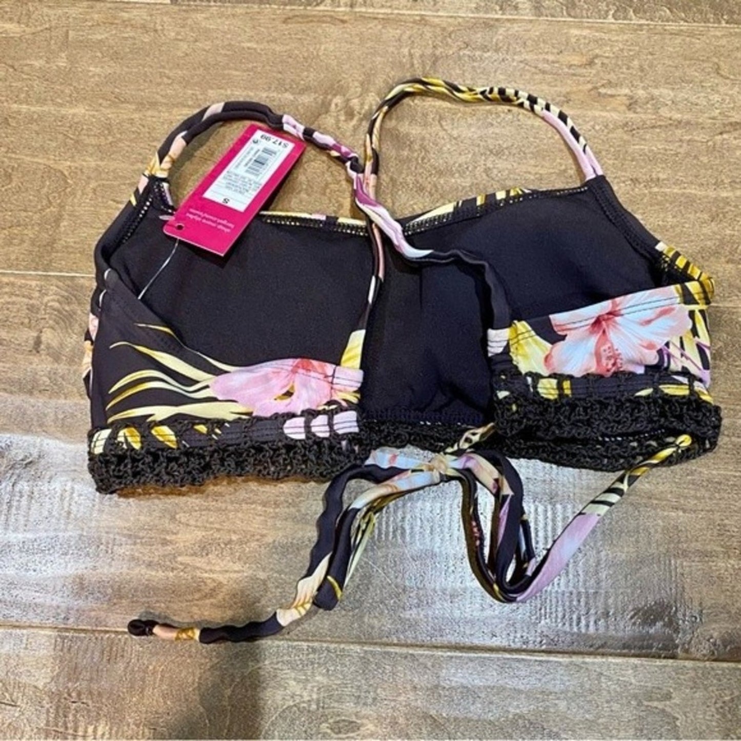 Xhilaration Women’s Crochet Floral Print Bikini Top Brown & Pink Size Small NWT